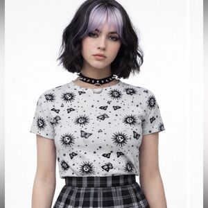 Whimsical celestial goth Black White Graphic baby tee sun moon butterfly grunge